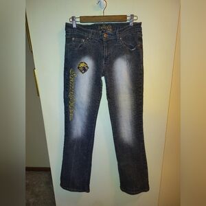 South Pole -- Vintage Faded Dark Wash Embroidered Straight Leg Jeans y2k